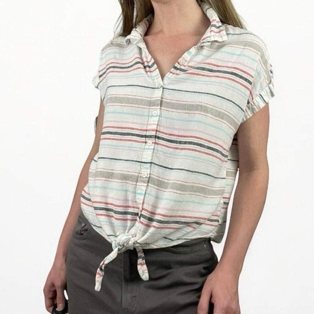 💙3 for $15 Weatherproof Vintage Striped Button Down Tie Up Washable Blouse